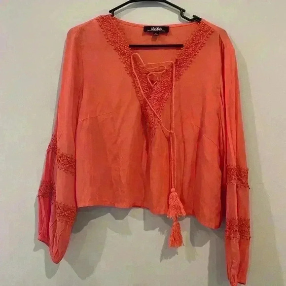 Lulu's Orange Boho Lace V-neck top Size XL 100% rayon - Picture 1 of 6